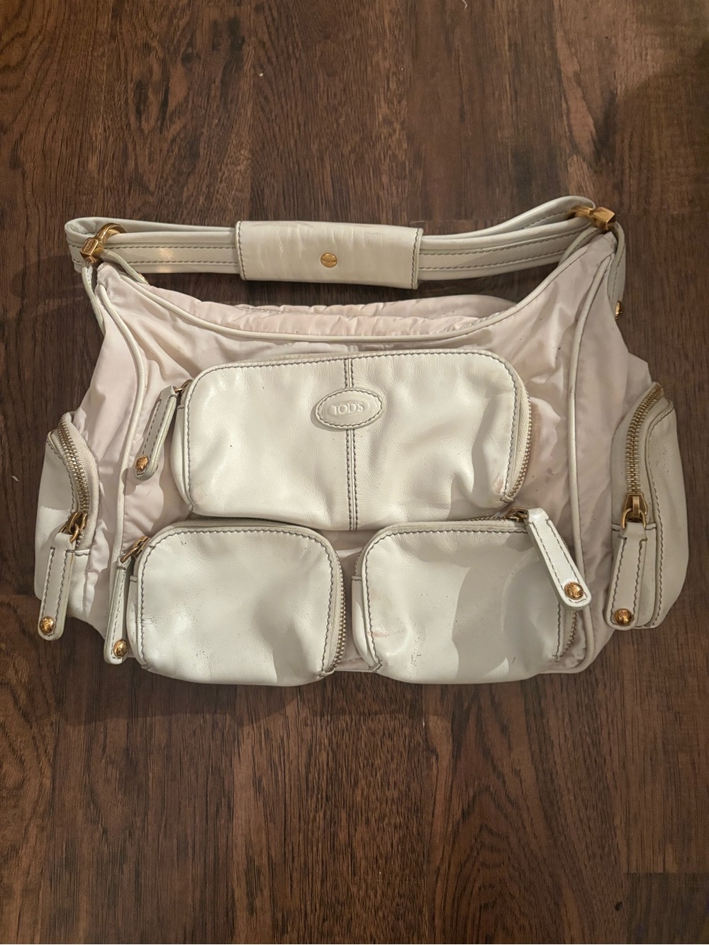 TOD'S Creamy White Leather Multi-Pocket Shoulder Bag with Gold Hardware